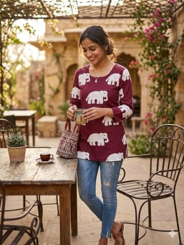 Image of Women's Elephant Print Short Kurti | Maroon and White | Round Neck, 3 /4 Sleeve, Casual Wear - Size, M
