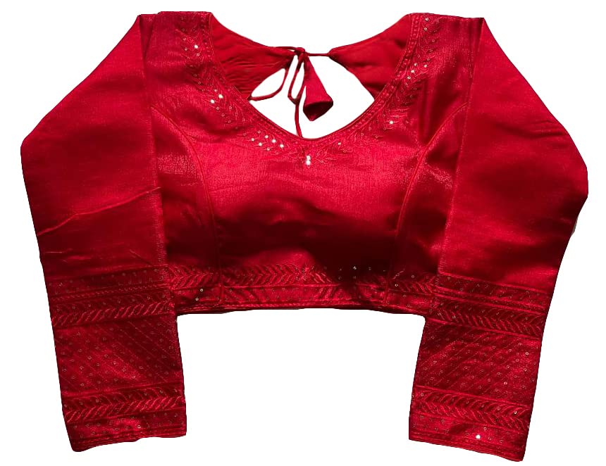 Pujia Mills Milan Silk Full Sleeve V Neck Multi Embroidery Trendy Saree Blouse(Rukmini Red 42)