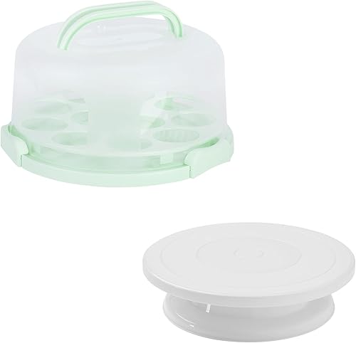DZ CLAN Porta pasteles con tapa y asa, soporte redondo para cupcakes con tapa, juego de 2 recipientes para pasteles (10 + 8 pulgadas), soporte