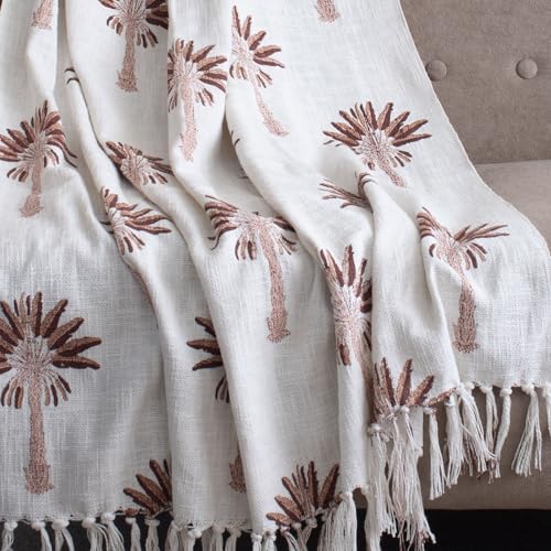 Image of Hand Block Printed Cotton Jute Sofa Throw Blanket 50x70 Inches Soft Lightweight Decorative Couch Coverlet with Tassels Boho Living Room & Bed Cover (Palm Tree Design, Off White & Brown)