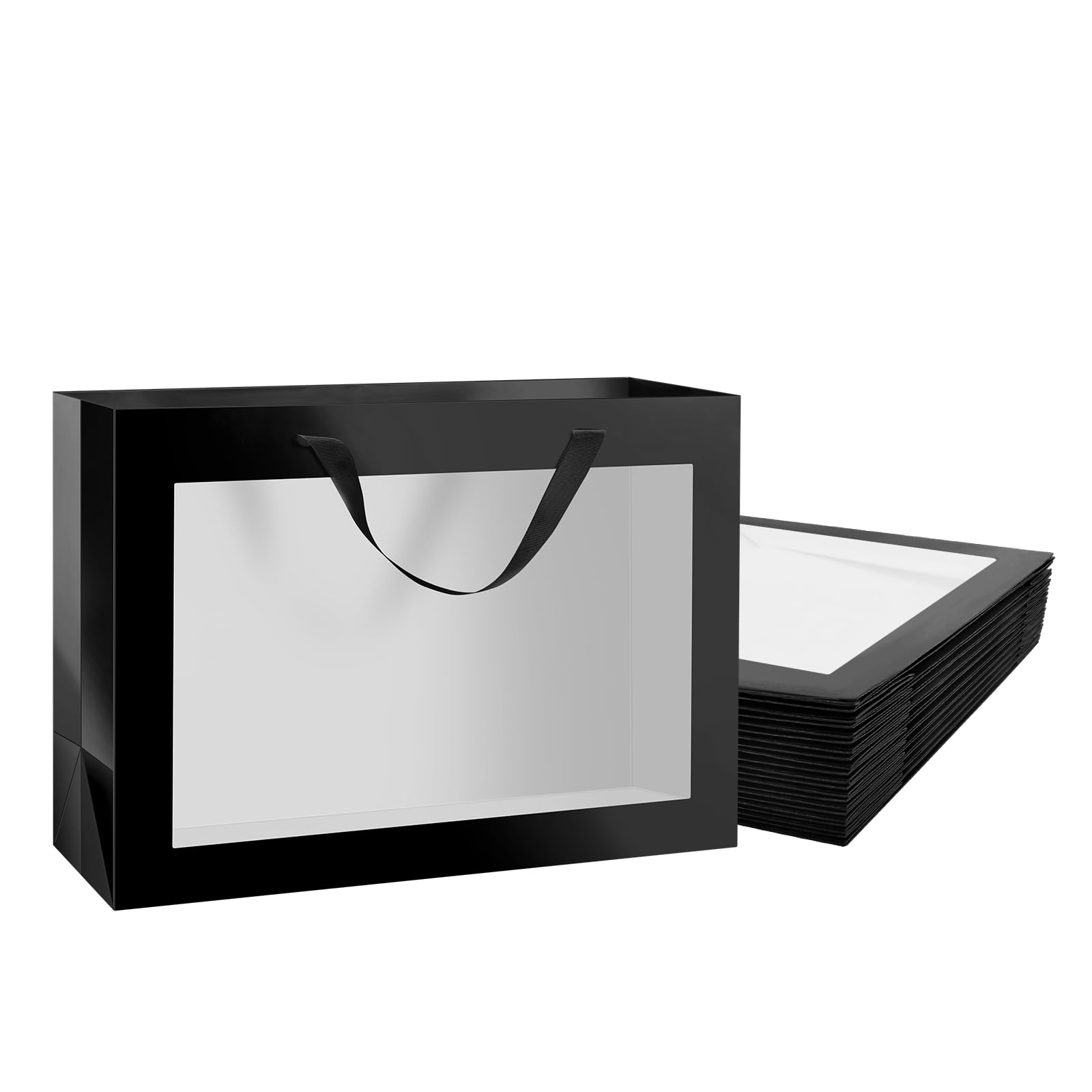 PACKQUEEN 12pcs Black Gift Bags with Transparent Window, 16x6x12 Inches Extra Large Gift Bags with Handles for Wedding Graduation Valentine's Day