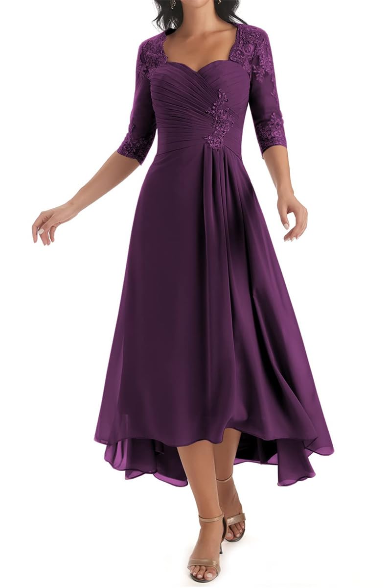 Kiyne Women's Plum Half Sleeve Chiffon Mother Of The Bride Dresses For Wedding Party V Neck Pleated Formal Evening Dress Uk10