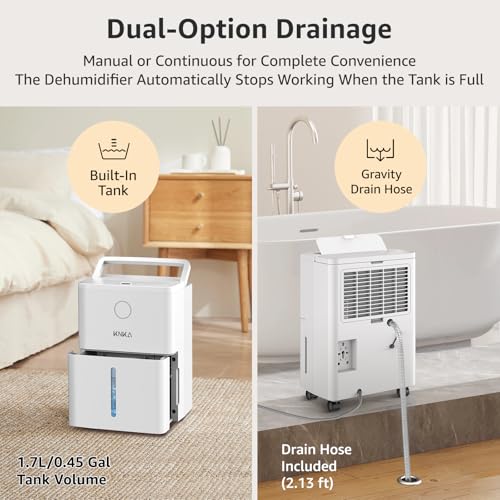 Image of KNKA 1300 Ft Max 19 Pints Dehumidifier for Basement with Drain Hose | Dehumidifiers for Home, Bedroom, Bathroom, Large Room, Three Modes, Intelligent Humidity Control, Dry Clothes, 24HR Timer