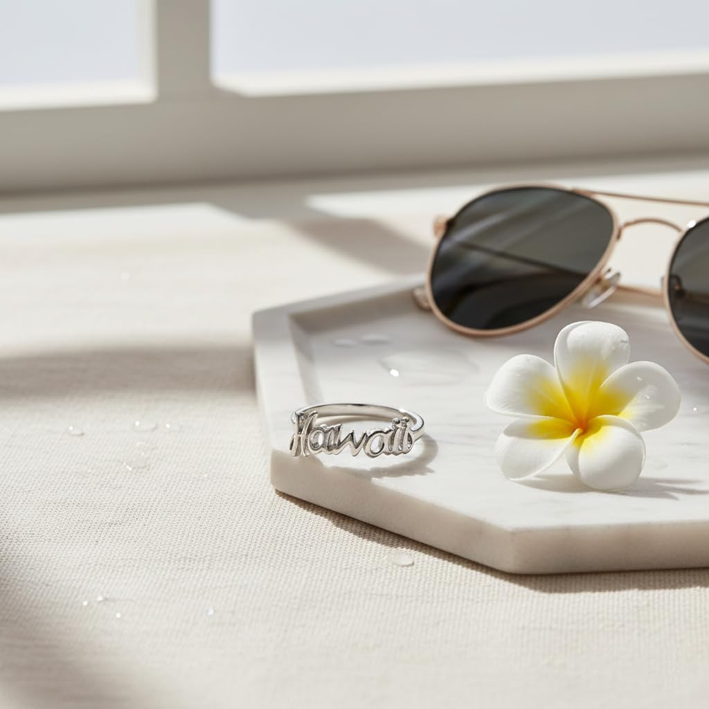 925 Sterling Silver Hawaiian Ring, "Aloha Hawaii" Graffiti Script Wedding Band, Nickel Free Hypoallergenic for Sensitive Skin, Gift Box Included