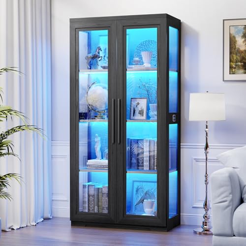 BROTTAR Glasvitrine mit LED Beleuchtung, Vitrinenschrank mit 4 Ebenen, Aktenschrank mit Stüren, Bücherschrank Bücherregal mit Menschlicher Körpersensor für Büro, Wohnzimmer, Schlafzimmer, Schwarz
