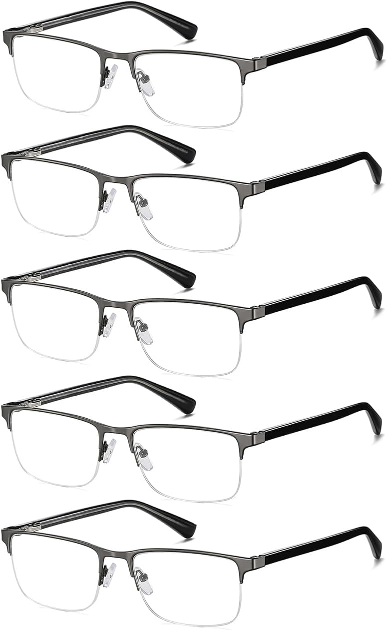 WAUDAR Reading Glasses for Men Metal Half Frame Eyeglasses Readers for Men Women 5 Pack Gunmetal 1.00