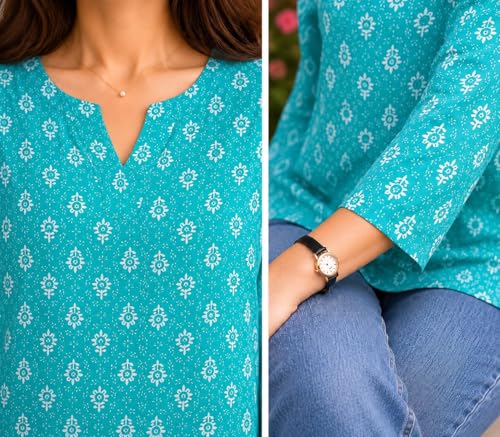 Image of Women Ikat Print Short Kurti Top,Cotton Blend Casual Ethnic Kurta for Women, Stylish Office Kurti Tunic,Lightweight Printed Short Kurti Kurti for V Nack Kurti