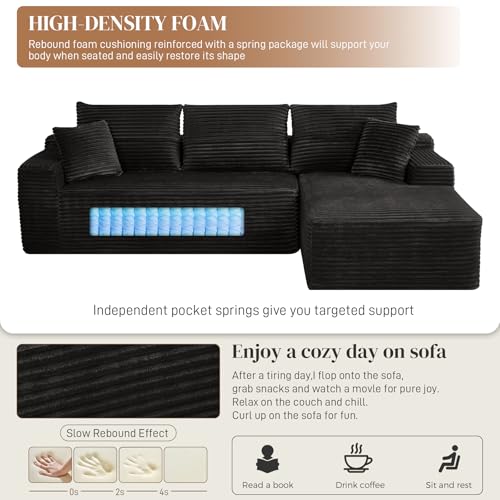 Image of 108 inch L Shaped Cloud Boneless Sectional Couches for Living Room, Modern Comfy Modular Deep Seat Memory Foam Compressed Corduroy Sofa Oversized Right Facing Chaise, No Assembly Required, Balck