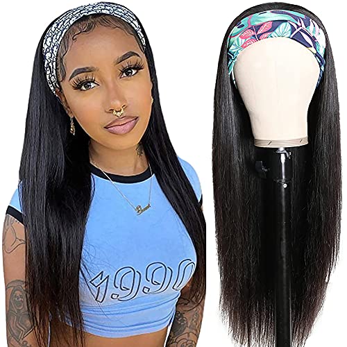 Mureen Straight Headband Wig Human Hair Wigs for Black Women Glueless None Lace Front Wigs Headband Half Wig Human Hair 10A Brazilian Virgin Hair Machine Made Headband Wigs 150% Density 18 Inch