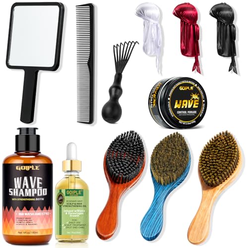 Wave Kit for 360 Waves - Wave Brush Wave Styler Great for Men Wolfing Wave - 3 Wave Handle Brushes Soft Medium & Hard- Satin Durag Hand Mirror Hair Comb Hair Brush Cleaner Wave Pomade&Shampoo