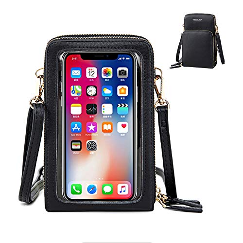 Mobile Phone Bag, Women Leather Touchable Phone Bag, Clear Window Touch Screen Crossbody Leather Bag with Card Slots Multifunctional Phone Pouch Bag (Black)