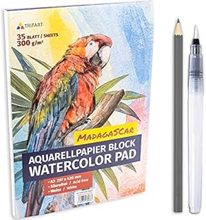 Tritart Watercolour Paper A3 | 300g | White | 35 Sheets | A3 Watercolour Pad with Water Brush and Pencil | XXL