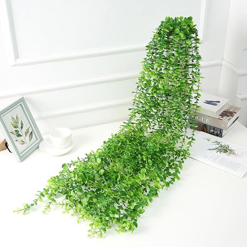 Image of CURATED CART Artificial Hanging Eucalyptus Vine - Pack of 1 with 5 Lush Green Stems, 74cm Long Faux Eucalyptus Garland for Indoor & Outdoor Home, Office, Wall & Shelf Decor - LightGreen