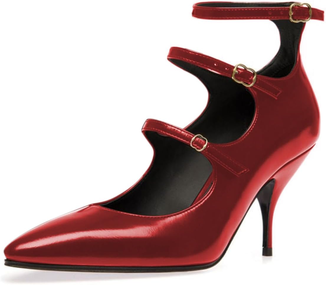 FOWT Women Elegant Pointed Toe Three Straps Pumps Mid Heel Ankle Strap Ladies Party Dress Office Shoes Size 4-16 US