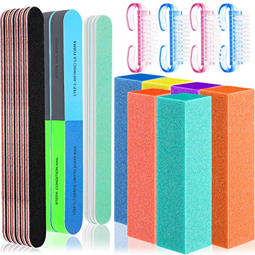 20 Pieces Nail Files and Buffers Kit, Colorful 4-Side 120 Grit Nail Buffer Blocks, 100/180 Grit Black Emery Board, 7-Way Nail File Buffer, Cushioned Board and Finger Nail Brush for Salon Nail Art Care