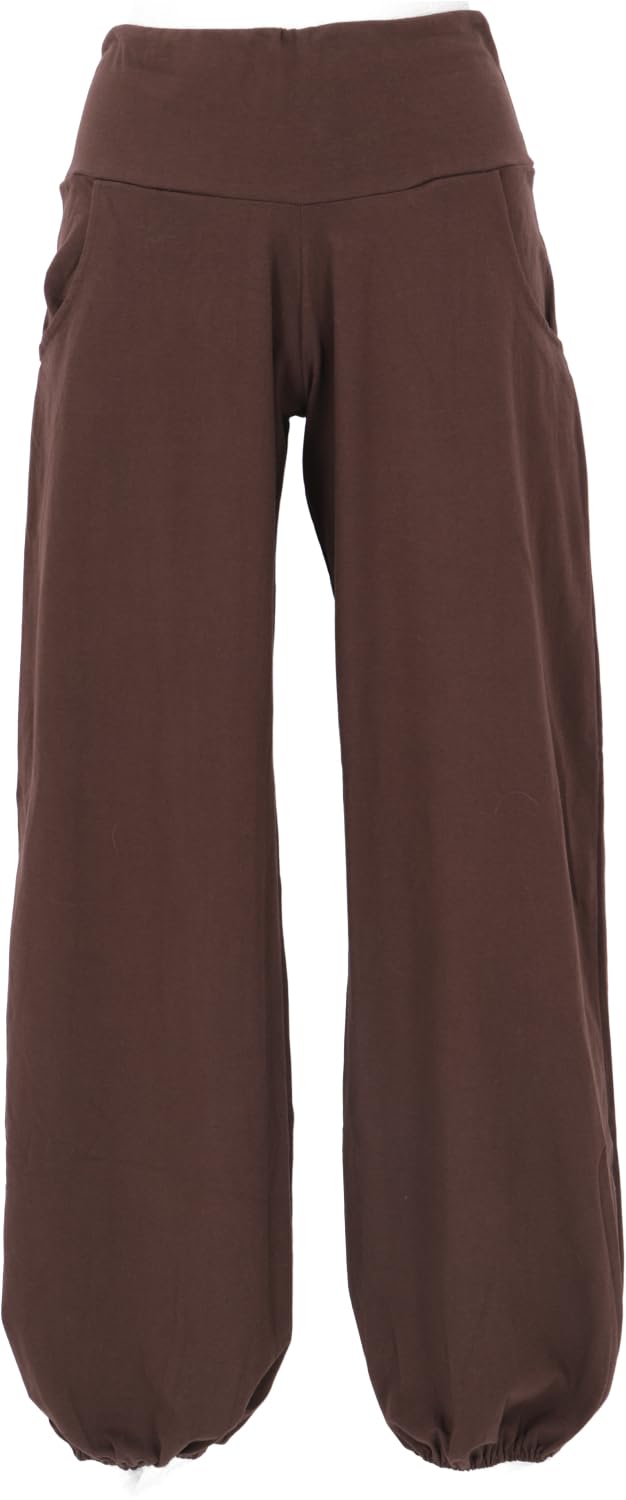 Goa Psytrance Hose, Sommerhose, Yogahose, Pluderhose, Damen, dunkelbraun | Baumwolle, elastisches Material, breite Bund, seitliche Taschen, loose Fit, ideal für Yoga und Dancefloor.