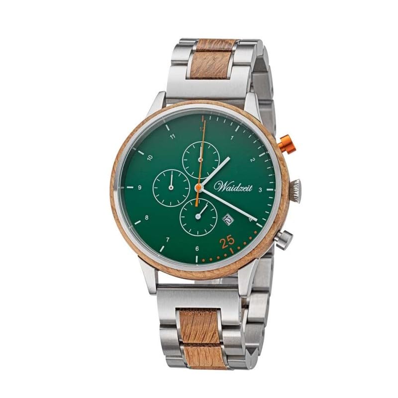 Waidzeit Herren-Chronograph Barista Verde, Grünes Ziffernblatt, Barrique-Eichenholz mit Edelstahl, 42mm, Miyota-Uhrwerk