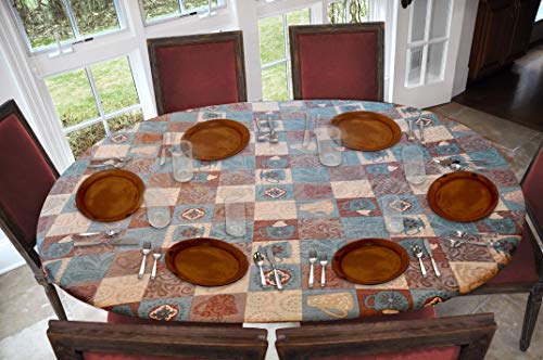 Covers For The Home Deluxe Elastic Edged Flannel Backed Vinyl Fitted Table Cover - Global Coffee Pattern - Oblong/Oval - Fits Tables Up To 48" W X 68" L #TOP1
