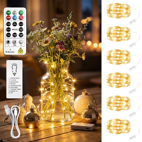 SINAMER 6 Stück Micro LED Lichterkette mit Aufladbarer Batterie Timer und Fernbedienung 8 Modi Dimmbar 2M 20 LEDs Wasserdichter Silberdraht für Innen Zimmerdeko Weihnachten Hochzeit (Warmweiß)