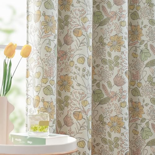 Image of jinchan Nursery Curtains 95% Blackout Yellow Floral Curtains for Girls Room, 84 Inch Length Farmhouse Drapes for Bedroom Living Room Darkening Window Treatment Fall Decor Grommet Top Set of 2 Panels