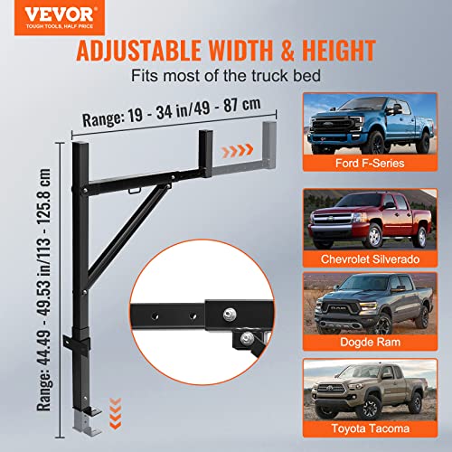 Image of VEVOR Truck Rack, 19-34inch Extendable Truck Ladder Rack, 38.6 inch-43.6 inch Adjustable Height, 250 lbs Capacity Steel Ladder Rack for Truck, Heavy Duty Truck Bed Rack for Kayak, Surfboard, Lumber, Ladder