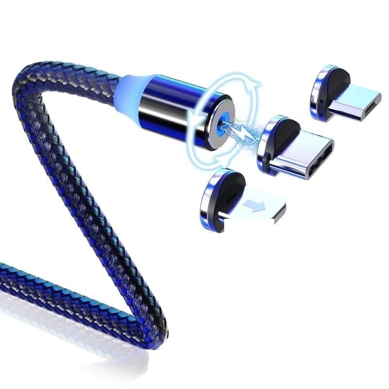 ElectroWorldFR câble de chargeur magnétique 360° 2 mètres LED 3 en 1 Type C/Micro/8 pin 360, pour Smartphone