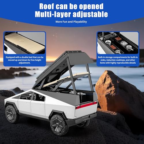 Image of 1 /24 Cybertruck Camper Van Model Diecast Metal Pickup Truck RV Motorhome Toys for Boys Age 3-8 with Light and Sound Pull Back Toy Cars Gift for Kids (Silver)