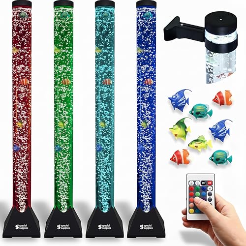 Special Supplies Aquarium Sensory Fish Bubble Light Tube with 16 LED Color Changing Nightlight Effect Remote Control and Fish Colorful Floor Standing Lamp for Kids and Adults (4 feet) (Black)