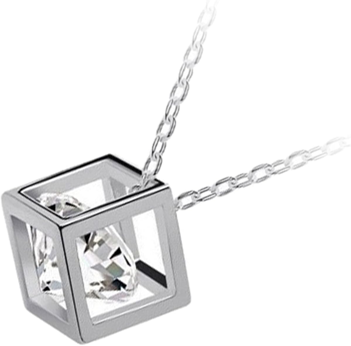 GWG Jewellery Set 925 Sterling Silver Coated Pendant Necklace and Earrings Round Cut Clear Stone Inside Cube in Gift Box for Women - Image 5