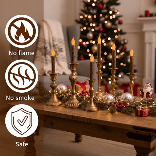 Image of 6PCS Primitive Taper Candle with Timer Remote Control,Real Wax Hand Dipped Rustic Flameless Candles Battery Operated for Halloween Christmas Country Home Decor Church