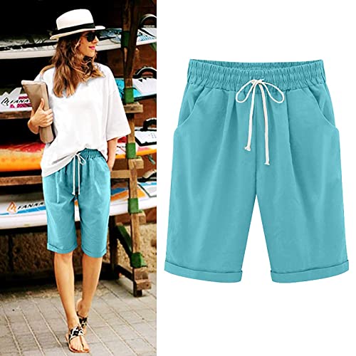 Calça capri feminina casual de verão com cordão e cintura elástica relaxada na altura do joelho com