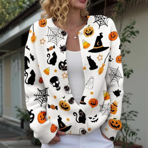 Halloween Sweaters For Women,Halloween Sweaters For Women Fall Casual Knitted Cardigan Pullover Pumpkin Button Tops Beige 01 Large - image 2