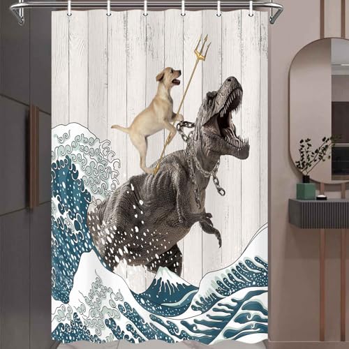 Image of Boziqr Funny Dog Shower Curtain, Japanese Ocean Wave Dinosaur Rustic Barn Door Decor Fabric Bathroom Curtains Set, Cute Animal Kids Polyester Fabric Waterproof, 36 X 70 Inches