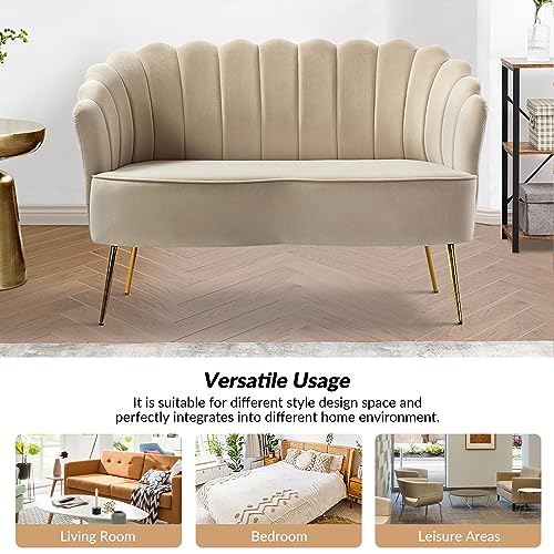 Image of HULALA HOME Modern Velvet Loveseat Sofa with Flower Shaped Back, Comfy Upholstered 2-Seater Sofa with Gold Metal Legs, Small Love Seat Accent Couch for Living Bedroom Leisure Areas, Tan