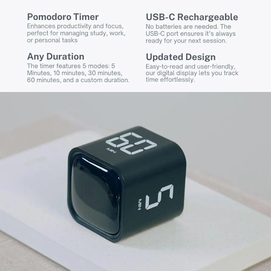 Image of 1Pcs, Digital Cube Pomodoro Timer - Desk Productivity Timer 5 /10 /30 /60 Min & Custom Countdown, Vibration & Adjustable Sound Alarm, Silent Visual for Study, Work, ADHD, Kids, Kitchen