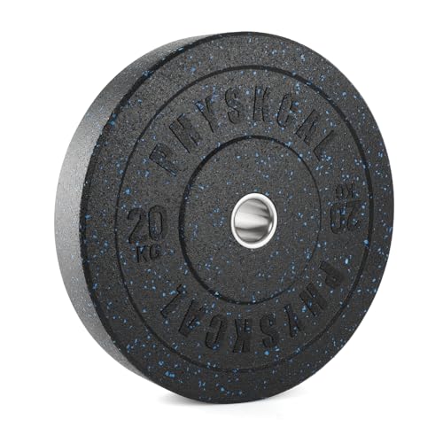 PhysKcal 20kg x 1 Crumb Rubber Olympic Bumper Plates, 2’’ Opening Weight Plates, Black Barbell Discs for Strength Training, Barbell Weights Set