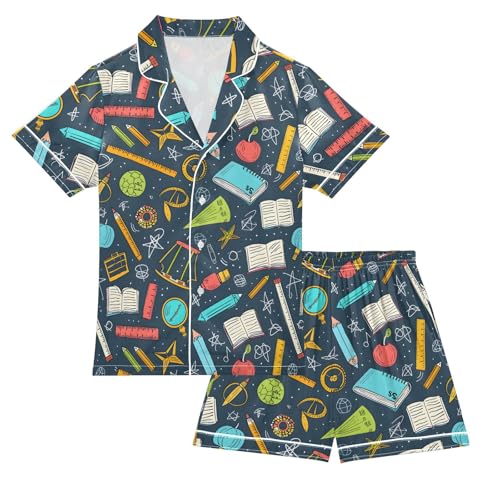 ALAZA Educational Navy Blue Math Satin Pajamas Set Short Sleeve Button Down Sleepwear Summer Pjs 2 Piece