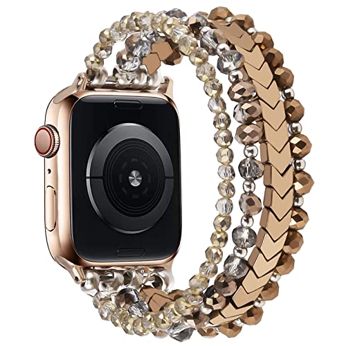 Image of MOFREE Beaded Bracelet Compatible for Apple Watch Band 38mm 40mm 41mm 42mm 44mm 45mm Women,Fashion Handmade Elastic Stretch Strap for iWatch Series SE 8 7 6 5 4 3 2 1