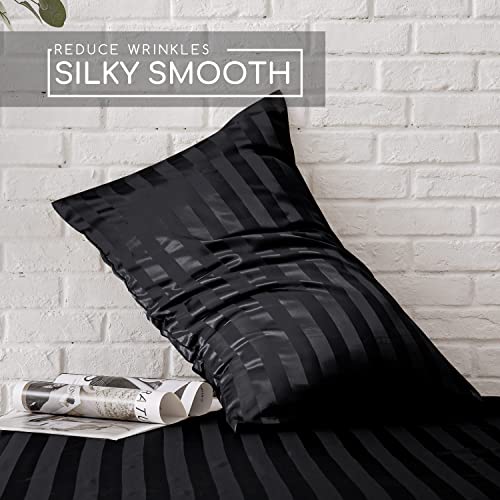 Image of MR&HM Satin Bed Sheets, Queen Size Sheets Set, 4 Pcs Silky Bedding Set with 15 Inches Deep Pocket for Mattress (Queen, Black Striped)
