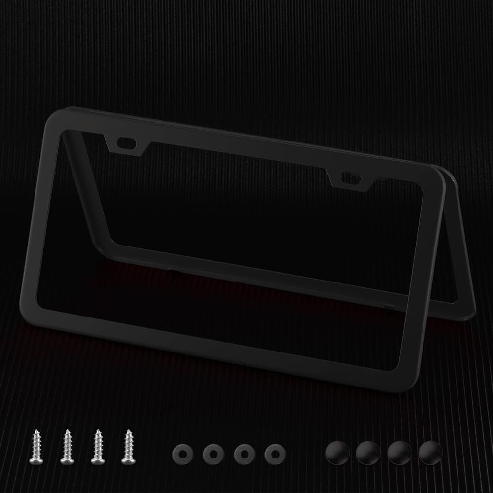 License Plate Frame, Metal Thin Stainless Steel with 2 Holes Screw Cap, 2 Pack ((Top-Purchased) Matte Black)