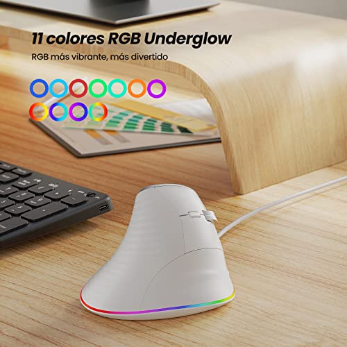 Ratón vertical Nulea con cable, sensor óptico ergonómico USB, 4 DPI, 11 Modos RGB, Color Blanco 7