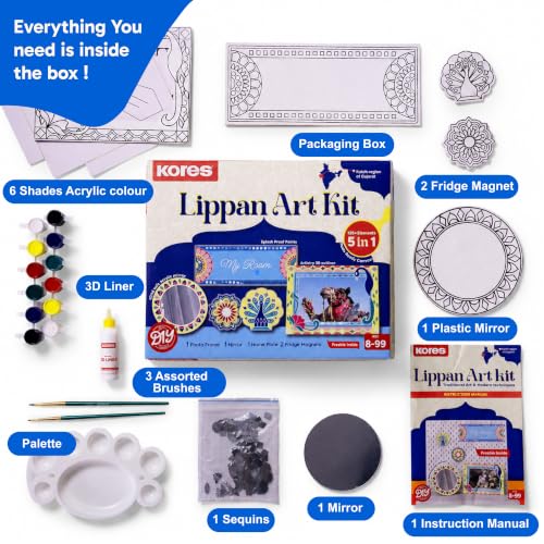 Image of Kores Lippan Art Kit for Kids | DIY Indian Art & Craft Kit | 5-in-1 Creative Kit with Photo Frame, Mirror, Name Plate & Fridge Magnets | Acrylic Colours, 3D Liner, Sequins, Brushes & Manual | Age 8-99