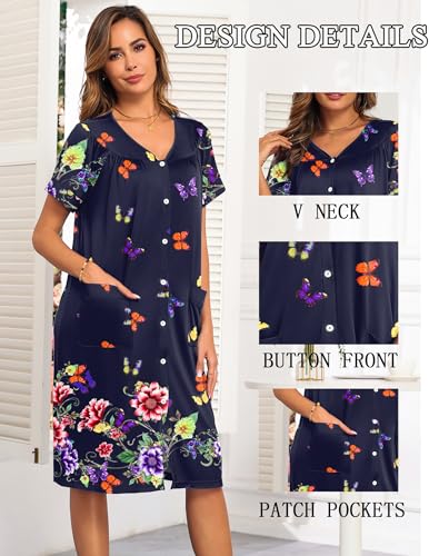 Image of Ekouaer House Dresses for Women with Pockets Button Down Nightgowns Plus Size Moo Moos Mumu Dresses Floral Print S-3XL