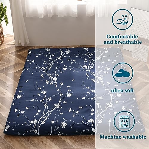 MAXYOYO Mattress Cover for Traditional Japanese Futon Mattress, Futon Floor Mats Cover with Zipper, Super Soft and Machine Washable, Navy Floral, Twin