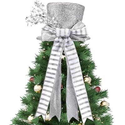 Poen Christmas Tree Topper Hat Shiny Sequins Top Hat with Bow Lengthened Ribbon Tree Topper Santa Christmas Decorations for Xmas Gift Ideas Holiday Winter Party Ornament Supplies(Silver)