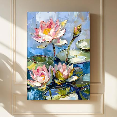 Image of PAINTINGMANTRA Lotus Flower Canvas Wall Art Painting for wall decoration, Lotus Flower Pond Floral Stretched Canvas for Living Room, bedroom, Home and Office, 16x22 Inch