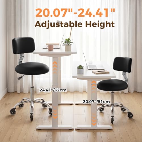 Image of Rolling Stool Chair with Wheels, Office Drafting Chair with Back Support, Height Adjustable Standing Desk Stool with PU Leather Cushion for Home Office Kitchen Vanity Spa Garage Tattoo Dentist, Black