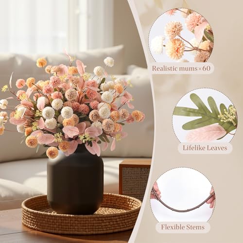 Alupssuc 16 PCS Faux Flowers for Vase Artificial Silk Mums with Eucalyptus, Fake Chrysanthemum Floral with Adjustable Long Stem for Dining Table Centerpiece Home Decoration Indoor, image 4