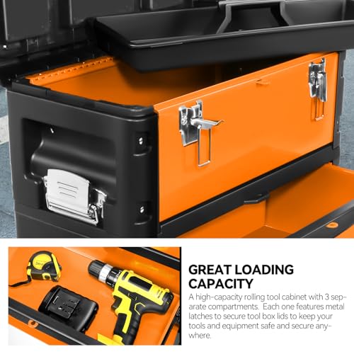 Image of Auto Dynasty Stackable Tool Box 3-Tier Tool Separate Organizer Rolling Tool Chest with Wheels 3-in-1 Upright Trolley for Garage or Workshop, Orange