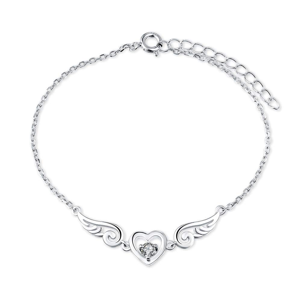 Sterling Silver CZ Guardian Angel Wings Chain Bracelets for Women